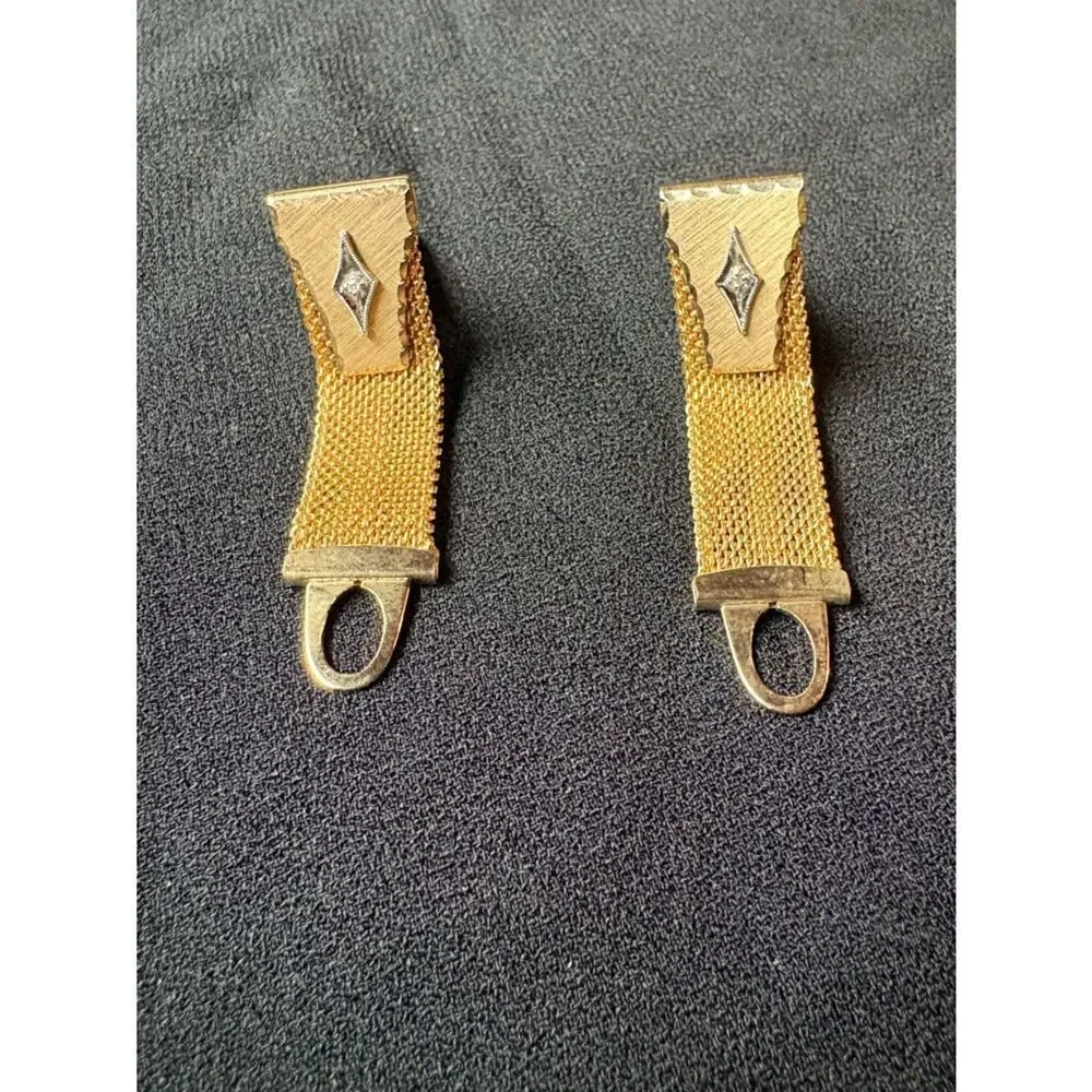 Vintage Anson Gold Tone Mesh Cufflinks Diamond Accent Wrap Style Mid century